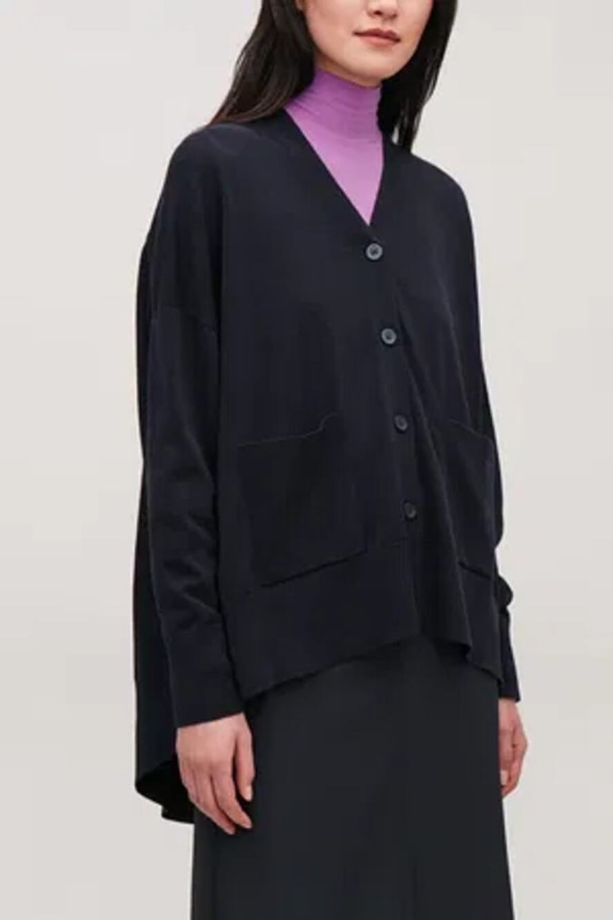COS Draped Back Cardigan Navy Blue 100% Cotton Women's Med - Picture 1 of 9